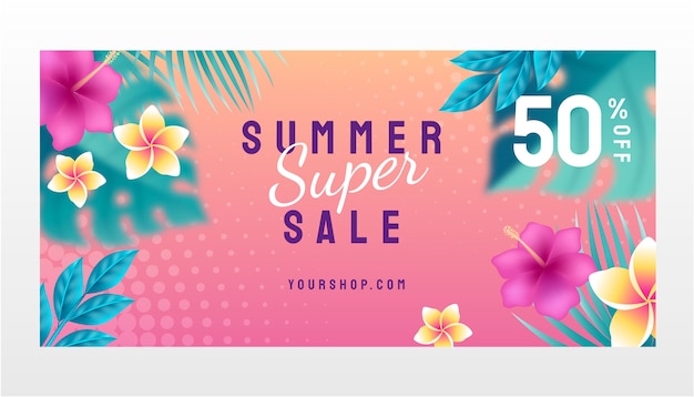 Gradient summer sale horizontal banner template with flowers and leaves