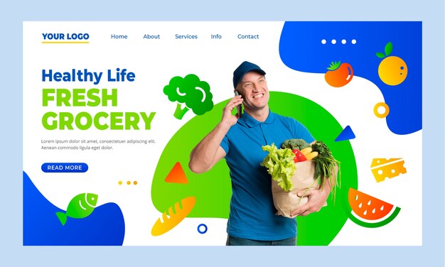 Gradient supermarket landing page with fruits