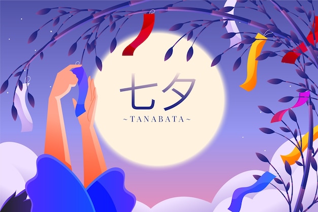 Gradient tanabata background with person hanging decorations