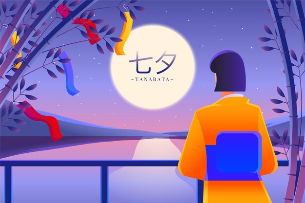 Gradient tanabata background with woman looking over the lake