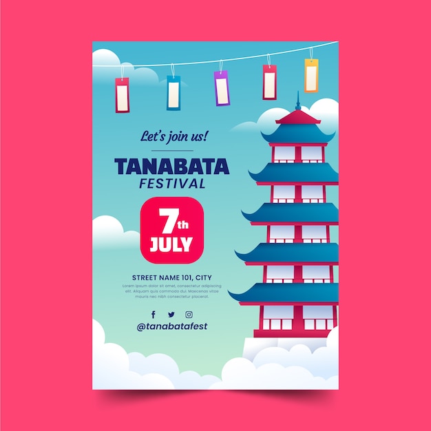 Gradient tanabata poster template with temple