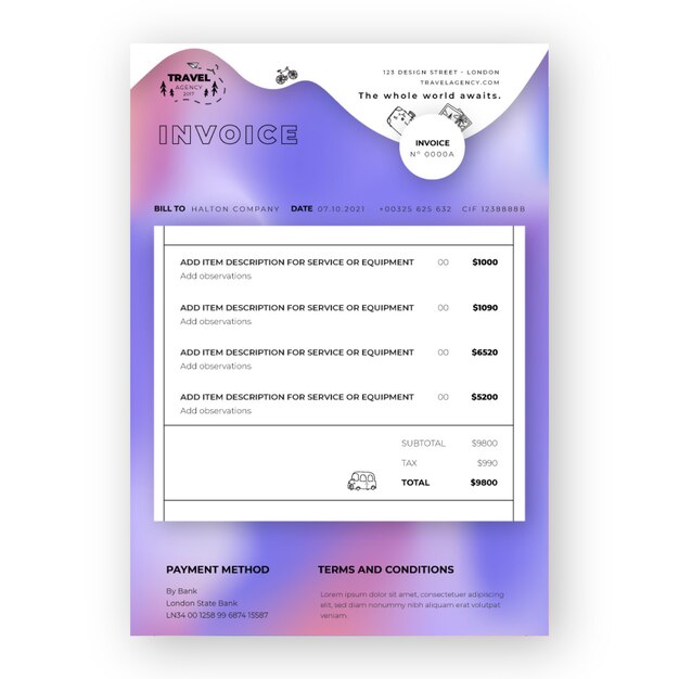 Gradient texture travel agency invoice