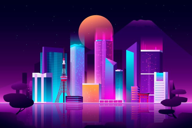 Gradient tokyo skyline with neon colours