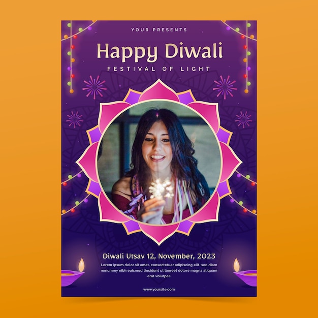 Free vector gradient vertical poster template for diwali festival celebration with candles