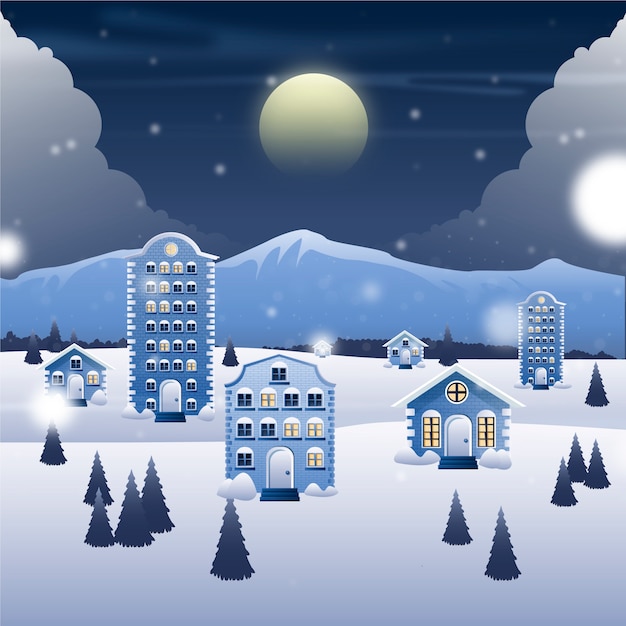 Gradient winter village illustration