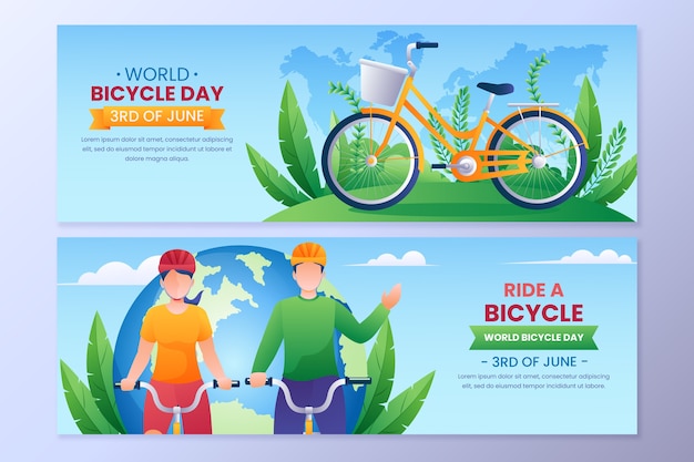 Gradient world bicycle day horizontal banners collection