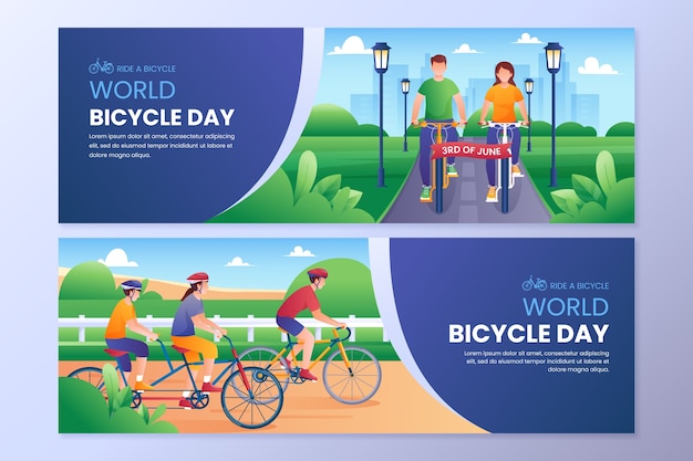 Gradient world bicycle day horizontal banners collection