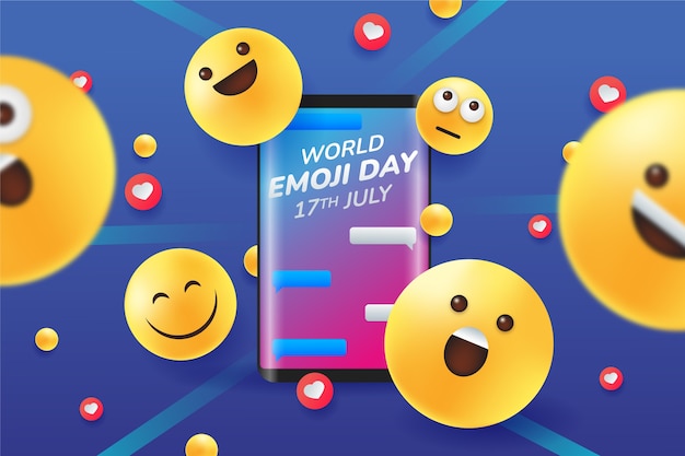 Gradient world emoji day background with emoticons and smartphone