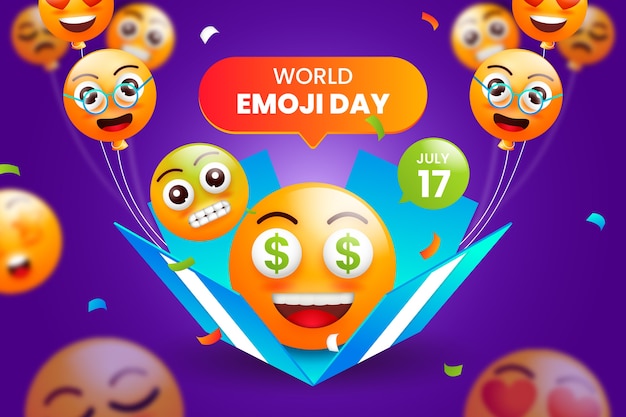 Free vector gradient world emoji day background with emoticons