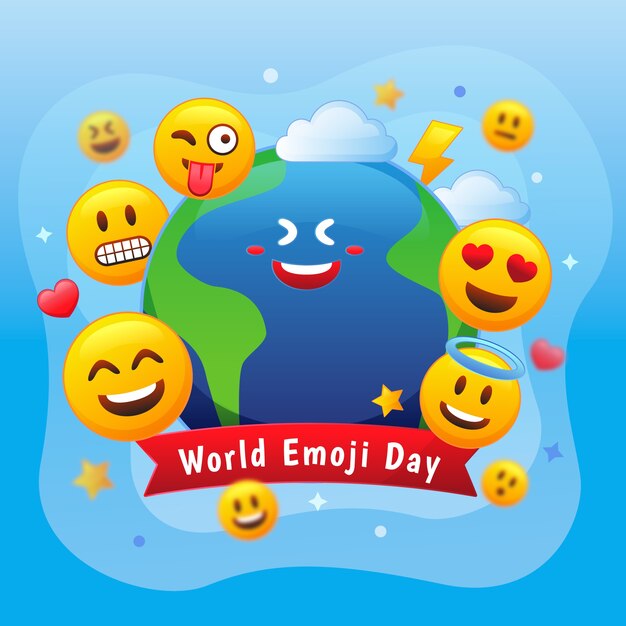 Gradient world emoji day illustration with emoticons and planet earth