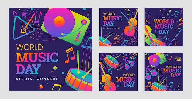 Free Vector gradient world music day instagram posts collection