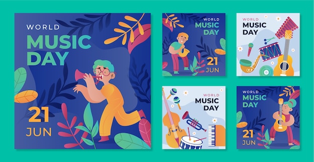 Free Vector gradient world music day instagram posts collection