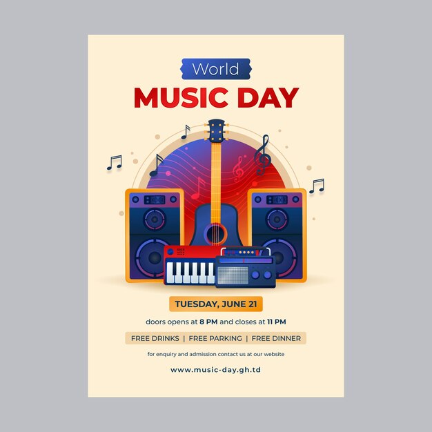 Gradient world music day poster with piano