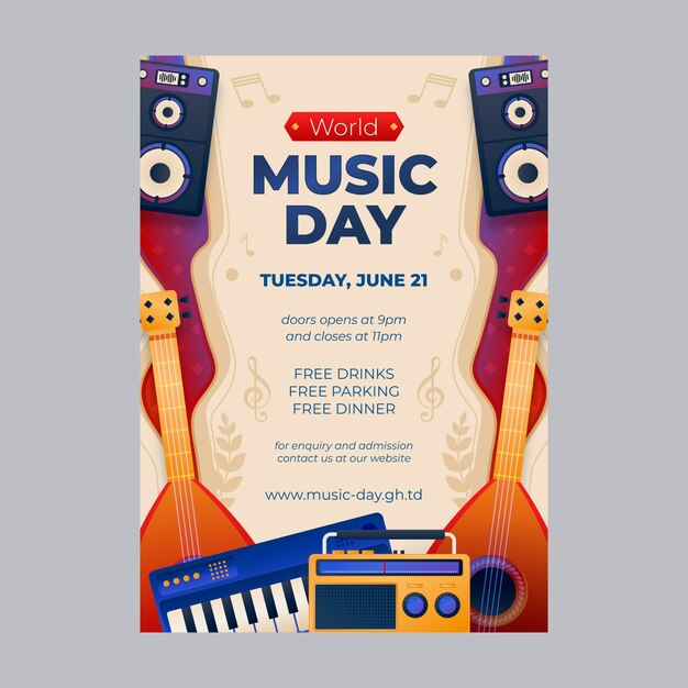 Gradient world music day with instruments poster