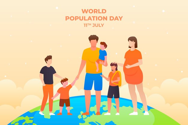 Gradient world population day background with family and planet