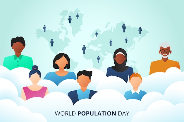 Free Vector gradient world population day background with people and world map