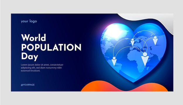 Gradient world population day horizontal banner template with heart-shaped planet