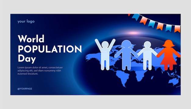 Free vector gradient world population day horizontal banner template with people and planet