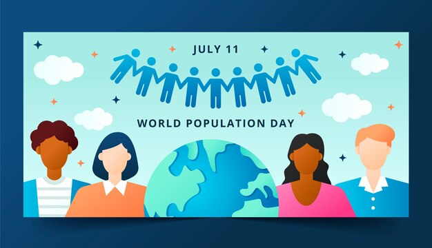 Gradient world population day horizontal banner template with planet and people