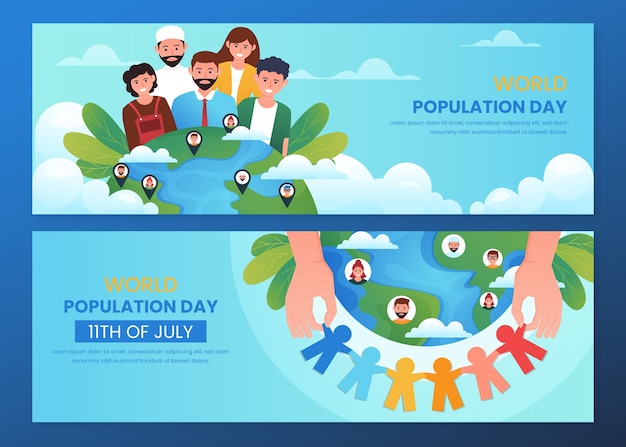 Gradient world population day horizontal banners set