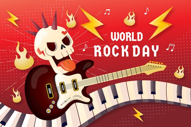 Gradient world rock day background with skull and guitar