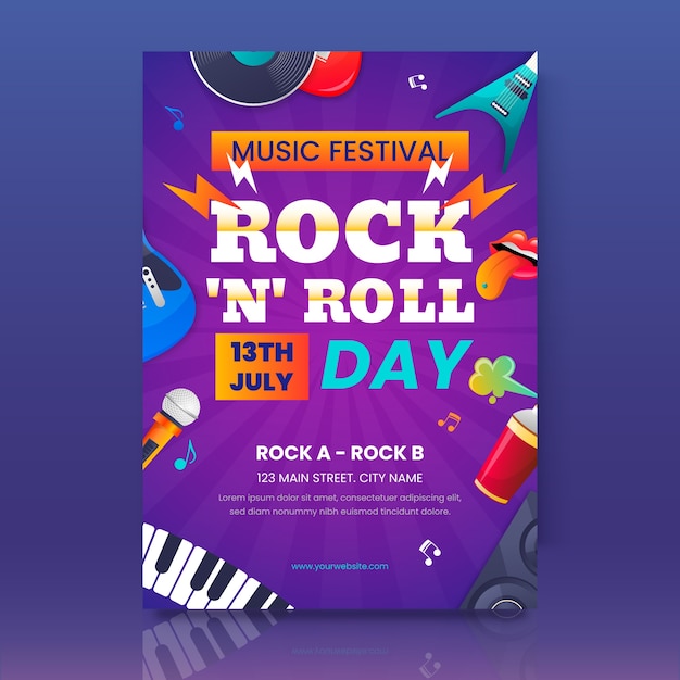 Gradient world rock day vertical poster template with musical instruments