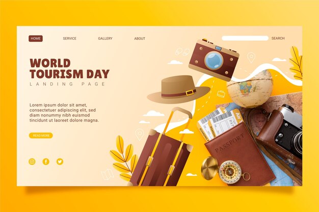 Gradient world tourism day landing page template with photo