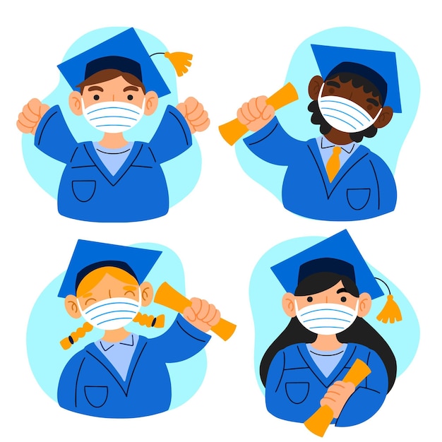 Free Vector graduates wearing masks illustration