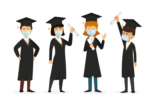 Free vector graduates wearing medical masks collection