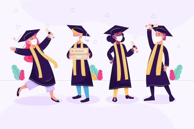 Free Vector graduates wearing medical masks pack