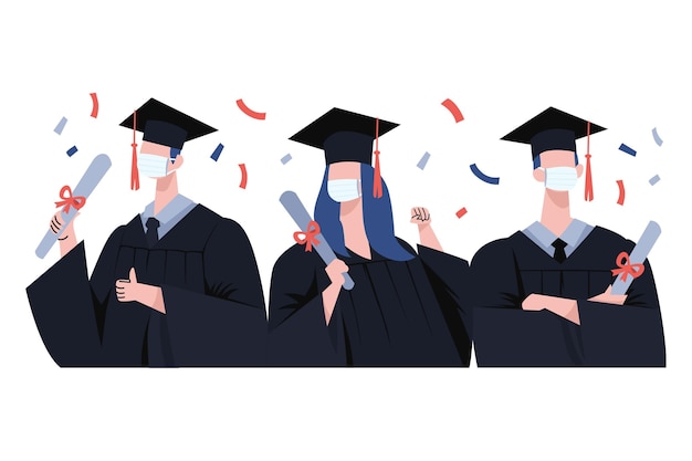 Free Vector graduates wearing medical masks