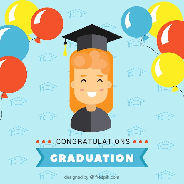 Graduation background with smiling girl and colored balloons