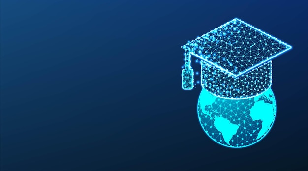 Graduation cap or mortar board on top of world globe education concept  Abstract Low Poly wireframe mesh design On dark blue background Vector Illustration