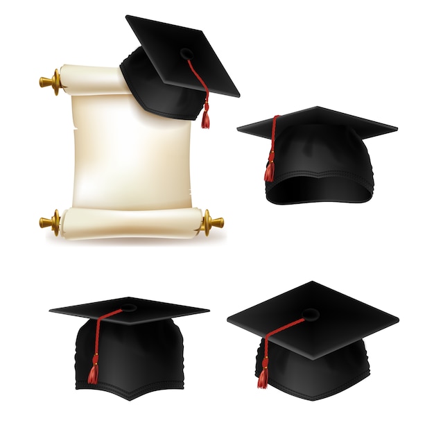 graduation cap with diploma, official document of education in university or college.