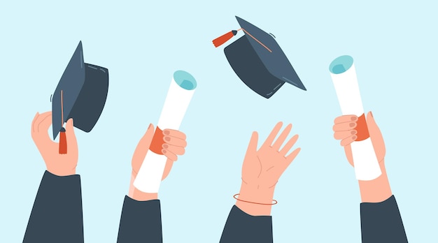 Graduation caps and diploma in peoples hands. Graduates throwing graduation hats in air, celebrating together flat vector illustration. Education, university, success, ceremony concept