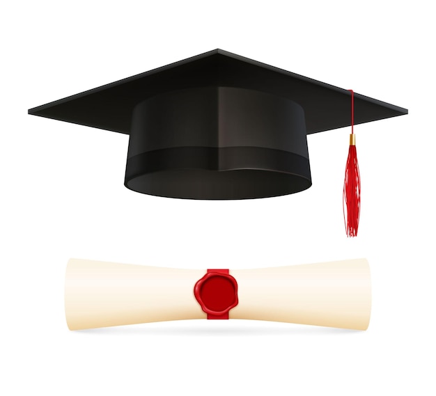 Free Vector graduation education set with realistic isolated images of academic hat with red tassel and sealed diploma vector illustration