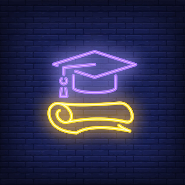 Graduation neon sign. Graduation cap and diploma. Night bright advertisement. 