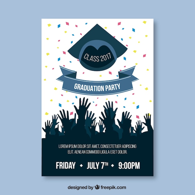 Free vector graduation party leaflet with silhouettes and confetti