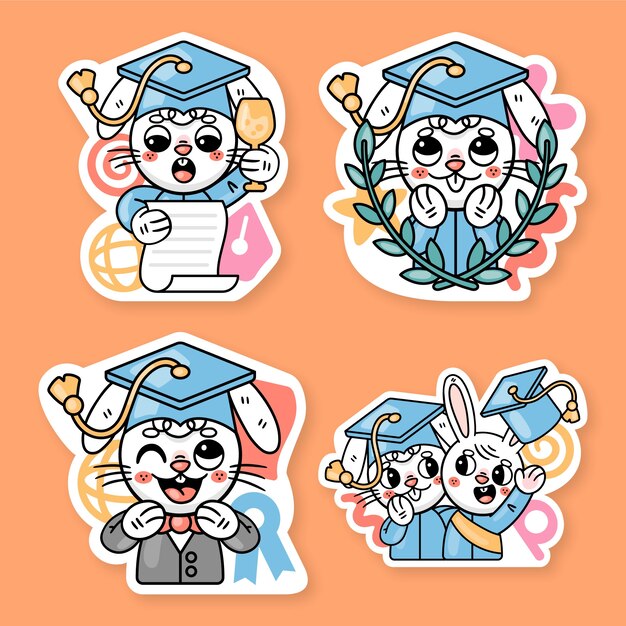 Free Vector graduation stickers collection with ronnie the bunny