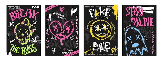 Free Vector graffiti poster with spray paint skull heart sign ghost and smiling face emoji street art covers