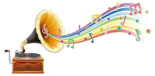 Free vector gramophone with melody symbols on rainbow wave