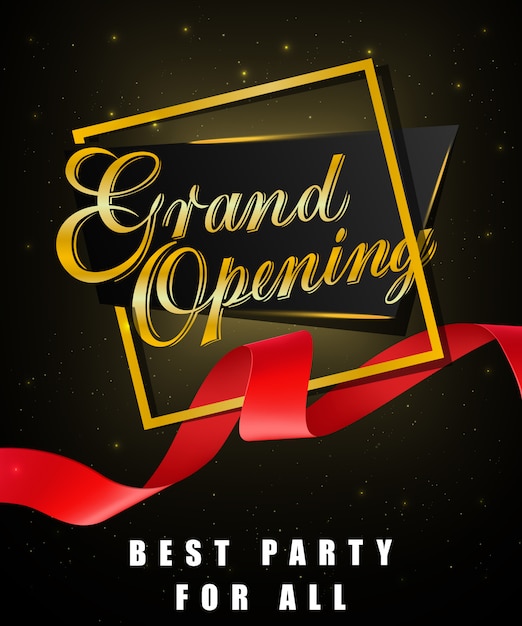 Free vector grand opening, best party for all festive poster with gold frame and red waved ribbon