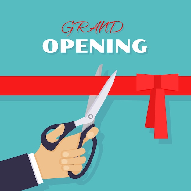 Grand opening ceremony and celebration and event. Scissors cut red ribbon.