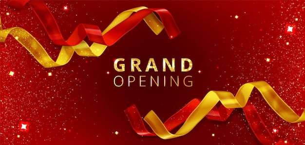 Grand opening event background with cut red and golden ribbons