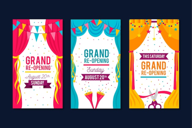 Free vector grand re-opening instagram stories set