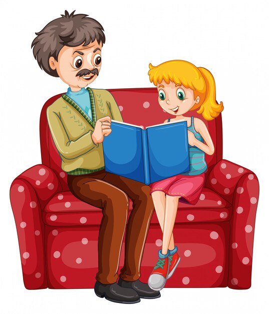 Grandfather and kid reading book together