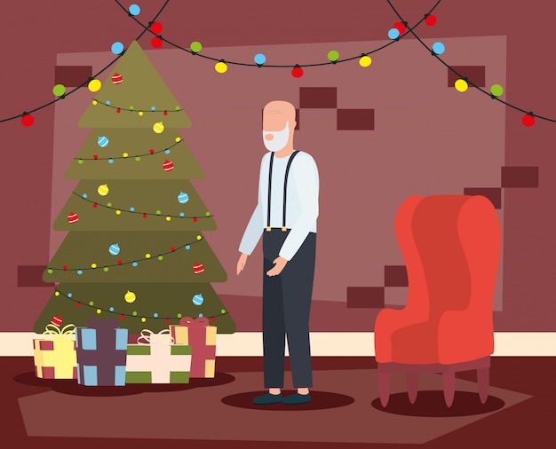 Grandfather in livingroom with christmas decoration