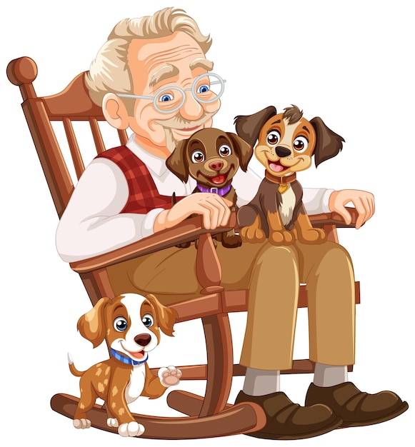 Free Vector grandfather with puppies in rocking chair