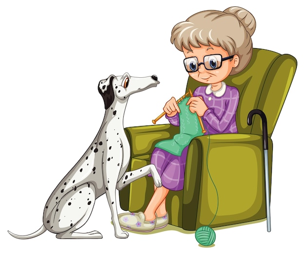 Grandma knitting with dalmatian dog