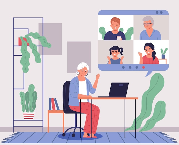 Grandmother using laptop to communicate with her family via video call flat illustration